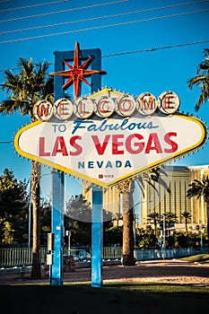 Las Vegas welcome Sign with Vegas Strip in background