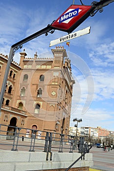 Las Ventas square main door and subway sign, Madrid photo