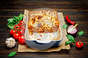 Lasagna in baking dish