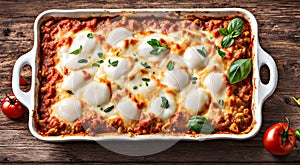 Lasagna in a baking dish on a wooden background. Lasagna in a baking dish, top view