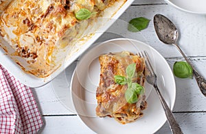 Lasagna with cannelloni, bolognese and bechamel sauce with mozzarella cheese topping