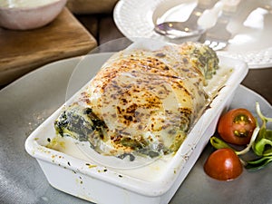 Lasagna in ceramic casserole dish