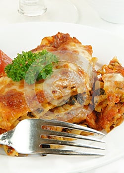 Lasagna with Fork on White