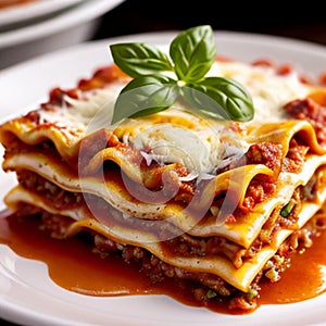 Lasagna, Italian main entre. Three layers of goodness with a sprig of Bay leaf