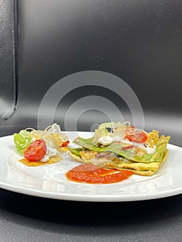 Lasagna italiana with tomato and cheers, in a Grey background photo