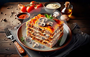 Lasagna with meat and mushrooms is on a plate