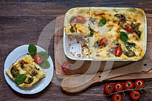 Lasagna with meat, Parmesan cheese, spinach and BÃ©chamel sauce