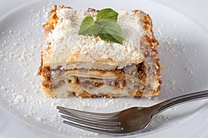 Lasagna served on a white plate