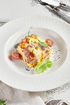 Lasagna with tomato and green leaf