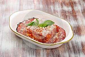 Lasagna. Traditional Italian dish. With minced meat and parmesan