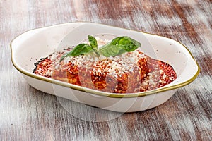 Lasagna. Traditional Italian dish. With minced meat and parmesan