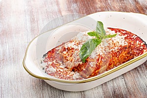 Lasagna. Traditional Italian dish. With minced meat and parmesan