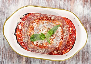 Lasagna. Traditional Italian dish. With minced meat and parmesan