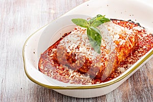 Lasagna. Traditional Italian dish. With minced meat and parmesan