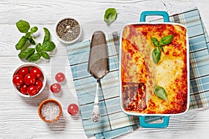 lasagne al forno, italian beef lasagna, top view photo