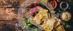 Lasagne alla Bolognese Ingredients on Wooden Countertop