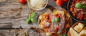 Lasagne alla Bolognese Ingredients on Wooden Countertop