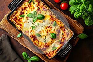 Lasagne in the pan, garnished with fresh basil and tomato photo
