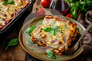 Lasagne served on a plate, garnished with fresh basil and tomato photo