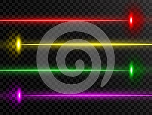 Laser beam set. Colorful laser beam collection isolated on transparent background. Neon lines. Glow party laser beams abstract eff