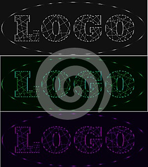Laser beams neon logo set, shades of grey, green, violet