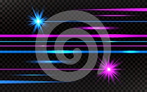 Laser beams set. Pink and blue horizontal light rays. Abstract bright lines on transparent background. Pack of beams on