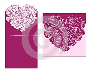 Laser cut card temlate with rose heart ornament. Cutout p