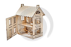 Laser cut doll house with small furniture made of plywood details