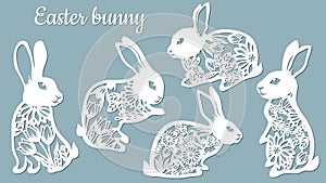 Laser cut Easter bunny rabbit. Floral fancy hare with laser cut pattern for die cutting. Laser cutting rabbit template