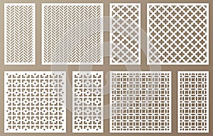 Laser cut ornamental panels with geometric pattern. Vector decorative lace ornaments