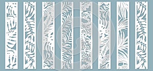 Laser cut ornamental panels with tropical pattern. Palm, fern. Set of bookmarks templates. Sticker set. Pattern for the laser cut