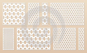 Laser cut panels. Cnc pattern set. Vector template with geometric grid, mesh