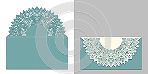 Laser cut paper lace envelope with mandala element. Cutting template for wedding invitation or card designs.