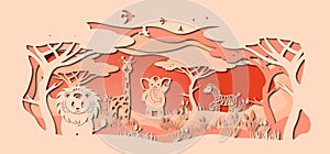 Laser cut paper, template for DIY scrapbooking. Lion, giraffe, elephant, Zebra. Animals, mammals, wildlife, bird, tree, grass,