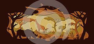 Laser cut paper, template for DIY scrapbooking. Rhinoceros, giraffe, ostrich,. Animals, wildlife, bird, tree, grass, sunset in