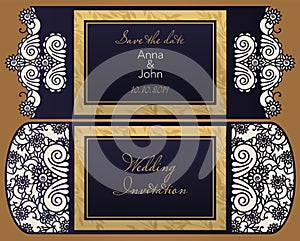 Laser cut paper for weddings. Invitation template, save the date, a personalized wedding card with a floral pattern in vintage