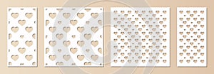 Laser cut patterns collection. Vector template with hearts ornament, grid