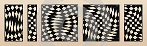 Laser cut patterns set. Vector template with abstract geometric texture, distorted checkered grid, groovy shapes. Decorative