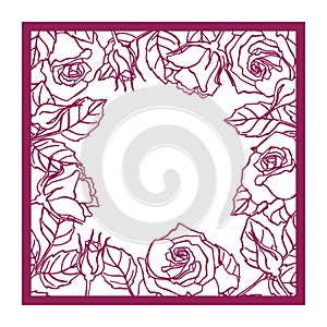 Laser cut rose square frame. Cutout pattern silhouette wi