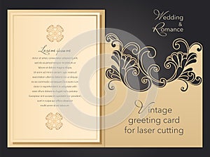 Laser cut wedding invitation template with lace pattern in vintage style. Envelope with ornate abstract ornament for