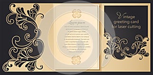 Laser cut wedding invitation template with lace pattern in vintage style. Envelope with ornate abstract ornament for