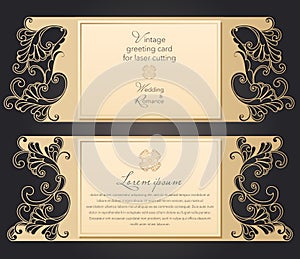 Laser cut wedding invitation template with lace pattern in vintage style. Envelope with ornate abstract ornament for