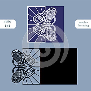 Laser cut wedding square card template. Cut out the paper card with butterfly pattern.