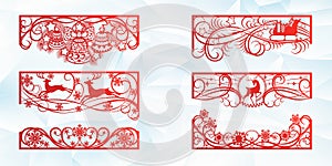 Laser cutting design for Christmas and New Year. Silhouette cut. A set of template of corner and horizontal elements to