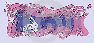 Laser cutting. Easter card. Rabbit in a clearing with eggs. Trees and leaves with a bird. The pattern for the plotter and