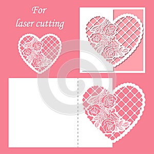 Laser cutting. Envelope pattern with a pattern of roses. Wedding or Valentine lace heart.