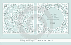 Laser cutting frame and damask panel set. Square filigree cutout envelope design. Front and back. Pastel blue and white