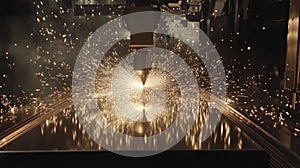 A laser cutting machine in action, creating sparks while processing metal sheets