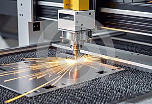 Laser cutting machine creating sparks while processing a metal sheet
