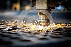 Laser cutting machine creating sparks while processing metal sheets in a workshop setting